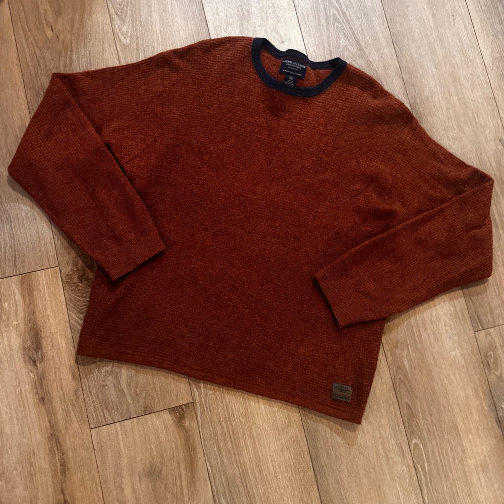 American Eagle Lambswool Waffle Knit Sweater Mens XL Rust Orange Crew Neck